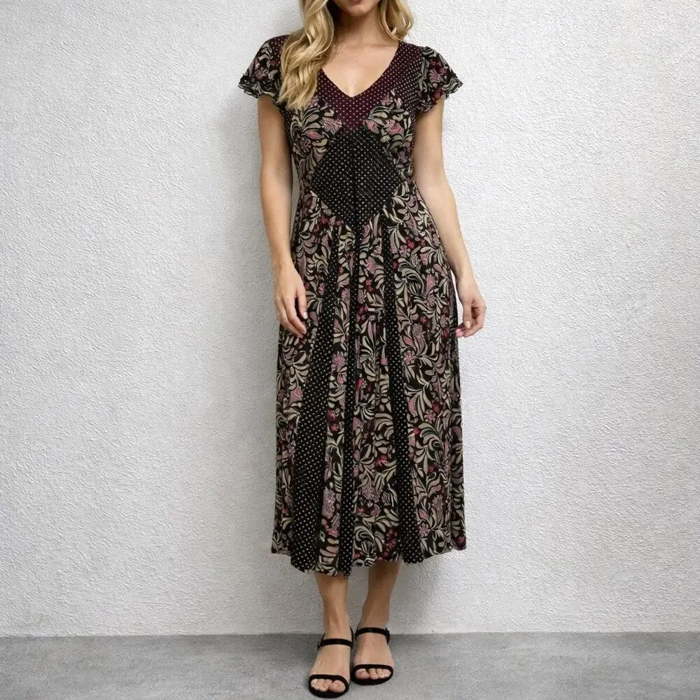 ANAC by Kimi Black Pink Floral Polka Dot Midi Dress Sz M - Picture 9 of 12